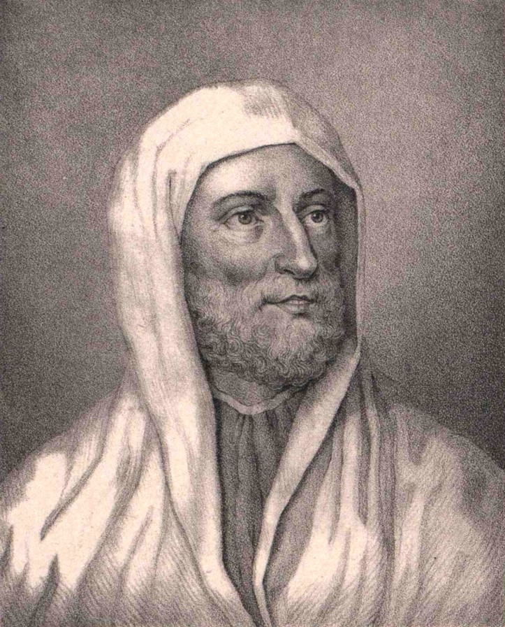Chân dung Avicenna — bản in thạch bản thế kỷ 18, đầu chít khăn
